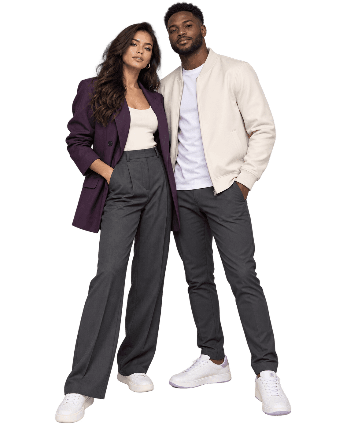 Une femme en blazer violet et un homme en veste crème, côte à côte.