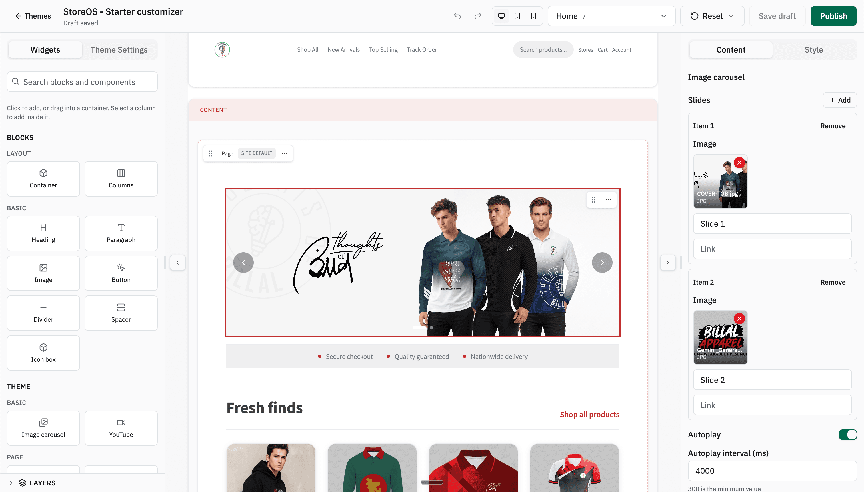 StoreOS theme customizer: widgets on the left, homepage canvas in the middle, and block settings on the right.