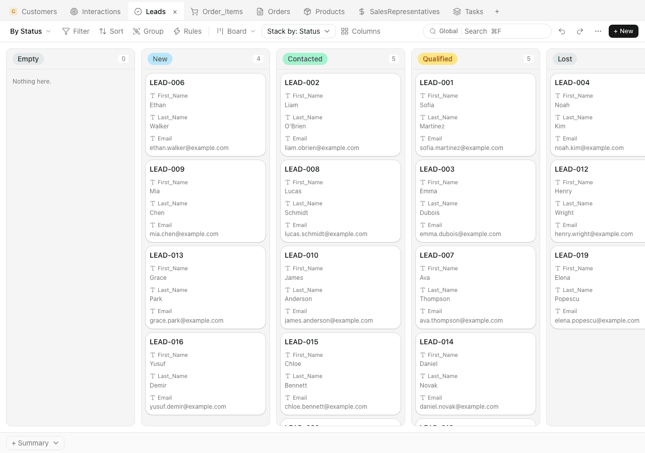 Mochi kanban board: leads grouped by pipeline status, with a detail panel open