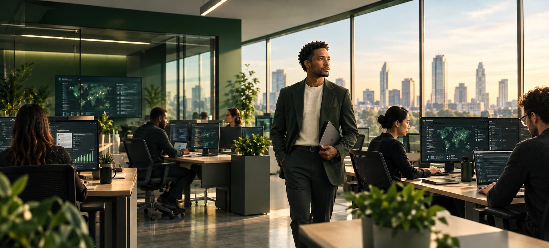 A team at work in an open-plan office with market dashboards and world maps on screen, a city skyline beyond the windows.